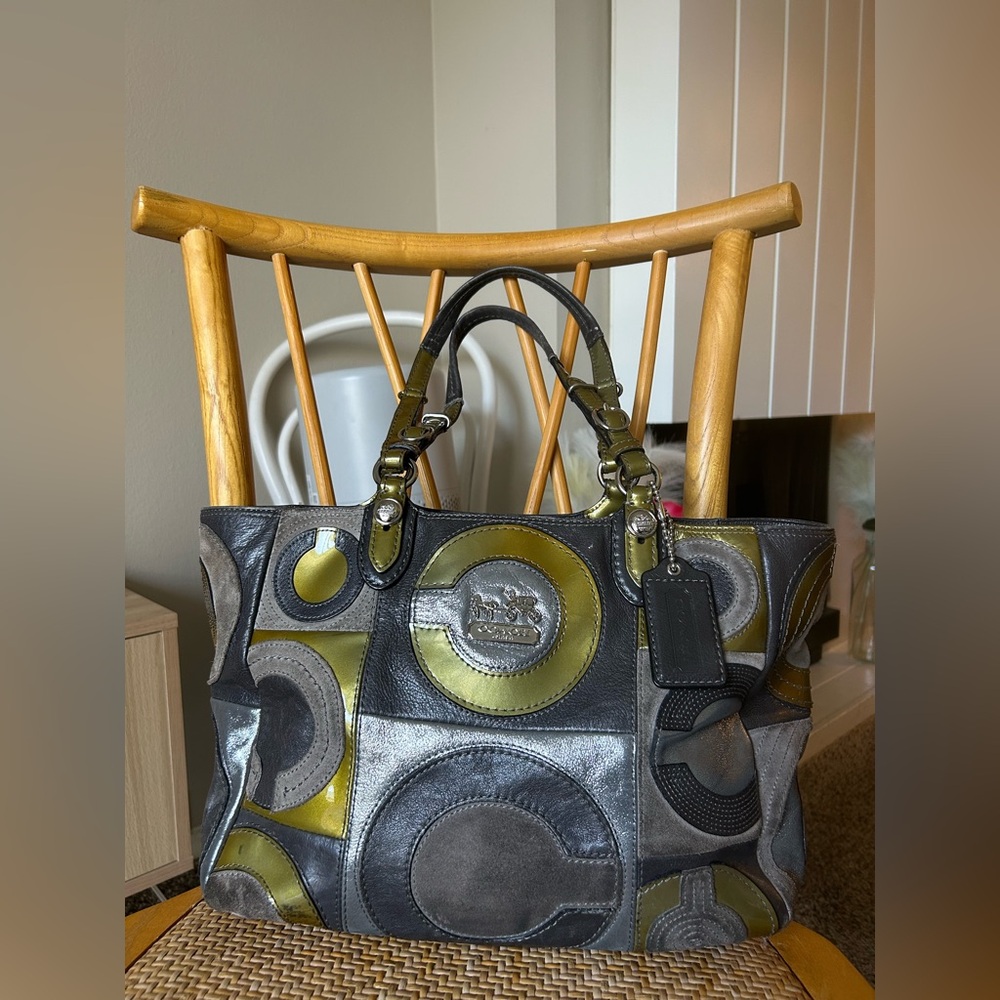 Coach Gray and Green Geometric Tote Bag